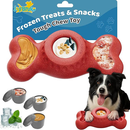 Enrichment Dog Treat Toys - Frozen Dog Treat Dispensing Chew Toy for Aggressive Chewers to Keep Them Busy, Ice Cream Holder Freeze Bone with Mold Cups, Fillable Cognitive Licking Toy, Red