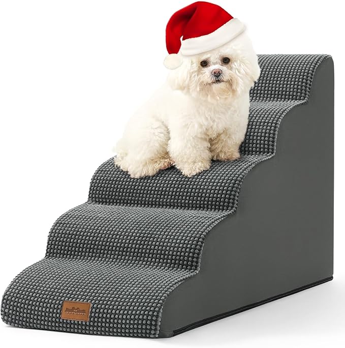Dog Stairs for High Bed 22.6" H, Small Pet Steps with Leakproof Cover, High Density Foam Cat Ramp for Bed, Car or Couch, Lightweight, Durable, Comfort, 15.7x33x22.6 inch, 5 Tiers, Dark Grey