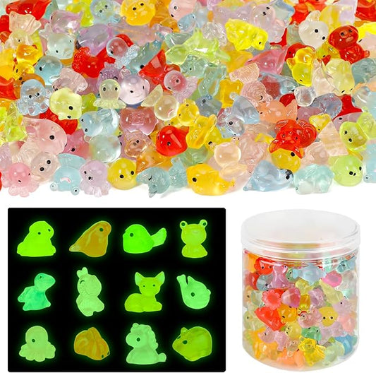 Mini Resin Animals Figures to Hide 200 pcs Tiny Resin Animals Glow in The Dark Variety Pack Bulk for Fish Tank Aquarium Fairy Garden Accessories Decorations