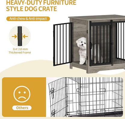 Dog Crate Furniture, 27.2" Double Door Dog Crate with Barn Door, Dog Kennel Indoor, End Side Table Wooden Dog Crate for Small Medium Dog, Anti-Chew Anti-Escape, Greige DFC84305B