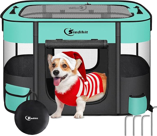 Dog Playpen28/31/35in,Cat Pet Puppy Pen,Portable Playpens for Dogs Indoor Outdoor Travel Camping Use,Foldable Dog Kennel Tent Crate for Rabbit Small Animals and Tent Stakes (Green, Lagre)