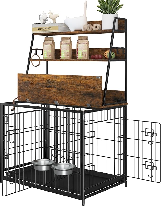 IDEALHOUSE Dog Crate Furniture,Flip-up Top Pet Crate Furniture,Indoor End Table Dog Cage with 3-Layer Storage Shelves,Dog Crates for Medium Dogs,Dog Kennel Furniture with Adjustable Bowls,Brown