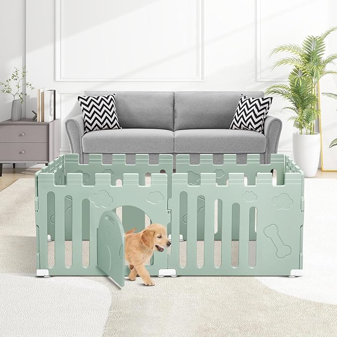 Dog Playpen with Door, 6-Panel 24" Indoor Cat Puppy Playpen, Strong Plastic Small Pet Safety Fence Dog Pen, Non-Slip and Secure Pet Gate, Green