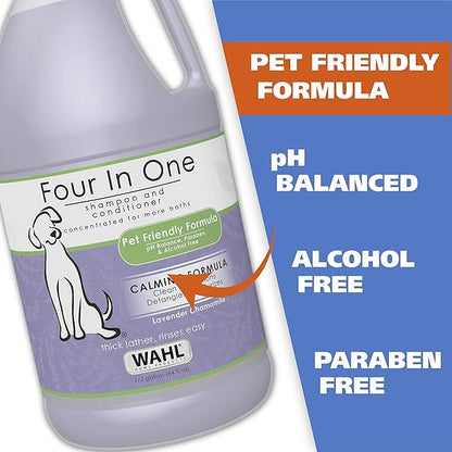 Wahl USA 4-in-1 Calming Pet Shampoo for Dogs  Cleans, Conditions, Detangles, & Moisturizes with Lavender Chamomile - Pet Friendly Formula  64 Oz - Model 821000-050