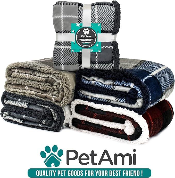 PetAmi WATERPROOF Dog Blanket for Bed, XL Dog Pet Blanket Couch Cover Protection, Sherpa Fleece Leakproof Bed Blanket for Crate Kennel Sofa Furniture Protector, Reversible Soft 80x60 Plaid Charcoal