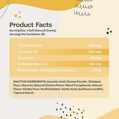 Turmeric for Dogs Soft Chews | Hip and Joint Chews for Dogs Comfort & Mobility with Collagen for Dogs | Dog Joint Supplement for All Ages Breeds & Sizes | NASC Certified & Made in The USA | 90 Chews