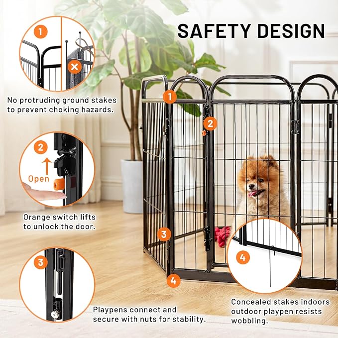 Dog Play Pen Indoors - 8 Panels 32" Playpens Indoor Safety Design Without Stakes, Threshold Free Door Ease to Access, Portable Fence Ground Anchors for Outdoor, Yard and RV Camping