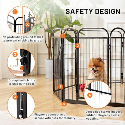 Dog Play Pen Indoors - 8 Panels 32" Playpens Indoor Safety Design Without Stakes, Threshold Free Door Ease to Access, Portable Fence Ground Anchors for Outdoor, Yard and RV Camping