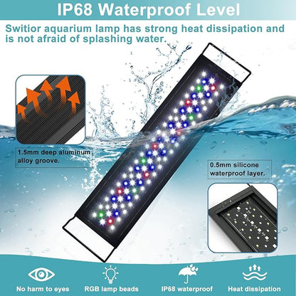 24/7 LED Aquarium Light, IP68 Waterproof Extendable Bracket Fish Tank Light with Timer, 7 Colors, 10 Level Adjustable Brightness, DIY Mode Full Spectrum Aquarium Plant Light for 24-30 Inch Fish Tank