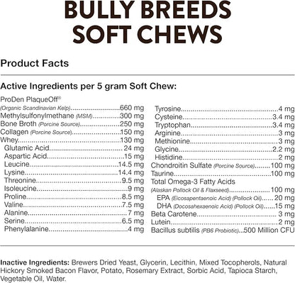 NaturVet Bulldog Breed Supplement- for Joint Support, Digestion, Skin, Coat Care- Dog Multivitamins with Minerals, Omega-3, PlaqueOff- Wheat-Free Vitamins for Dogs- Bully Breeds- 50 Soft Chews