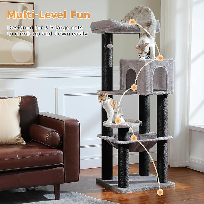 PETEPELA Cat Tree for Large Cats up to 30 lbs, 58" Heavy Duty Cat Tower with Reinforced Scratching Posts[ φ3.9”], Large Hammock, Spacious Condo & Top Perch, Sturdy Cat Furniture for Maine Coons, Black
