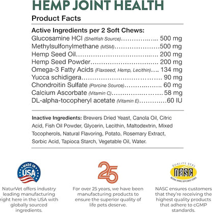 NaturVet Hemp Joint Health Hip & Joint Support Dog Supplement  Soft Chew Supplements for Dogs with Glucosamine, MSM, Chondroitin, Omega 3, Vitamins, Antioxidants  240 Ct.