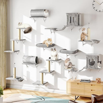NUNU LAB 14-in-1 Cat Wall Shelves Set, Wall-Mounted Cat Climber with Bridge, Tunnel, House, Scratcher, Steps, Indoor Space-Saving Furniture for Kittens Play, Gray