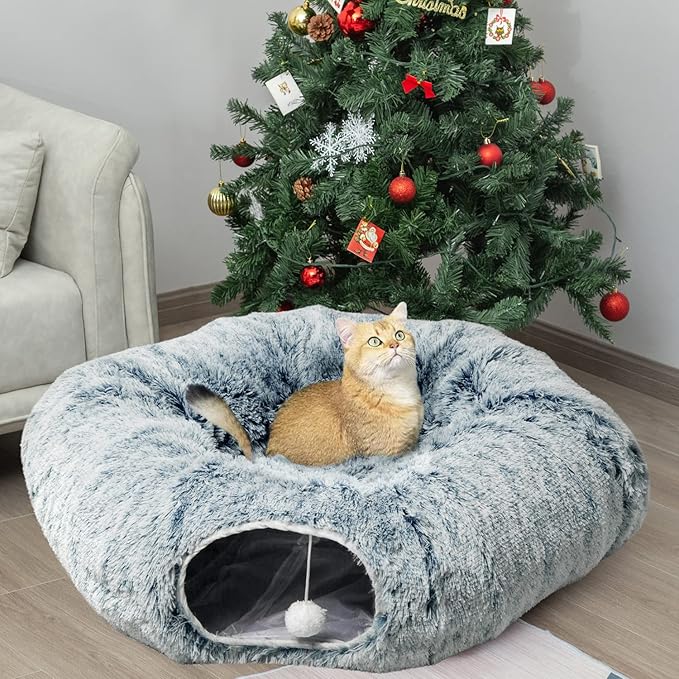 AUOON Cat Tunnel Bed - Cat Donut Tunnel with Soft Plush Circle Cushion for Indoor Cats Kitten Kitty Puppy Rabbit Ferret (Gray)