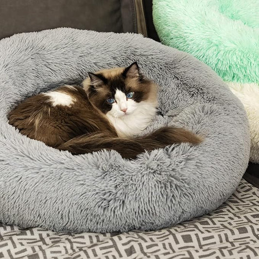 Anti Anxiety Round Fluffy Plush Faux Fur Warm Washable Dog Bed & Cat Bed, Original Bed for Small Medium Large Pets,Used to Relieve Joints and Improve Sleepï¼20"/24"/27''ï¼ (24", Light Grey)
