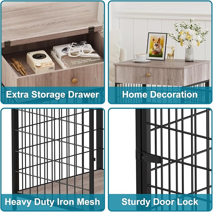 Small Dog Crate End Table,Dog Crate Furniture, Dog Kennel End Table with Storage Drawer, Chew-Proof Metal Fence, Lockable Door, Wooden Pet Cage Side Table Indoor