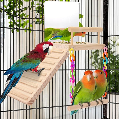 KyoukiBird Perch Platform Bird Toys with Bird Mirror Climbing Ladder Swing, Parakeet Cage Accessories - for Cockatiels, Lovebirds, Budgies,Pacific Parrotlets,Finch,Canaries - Wooden Play Gym