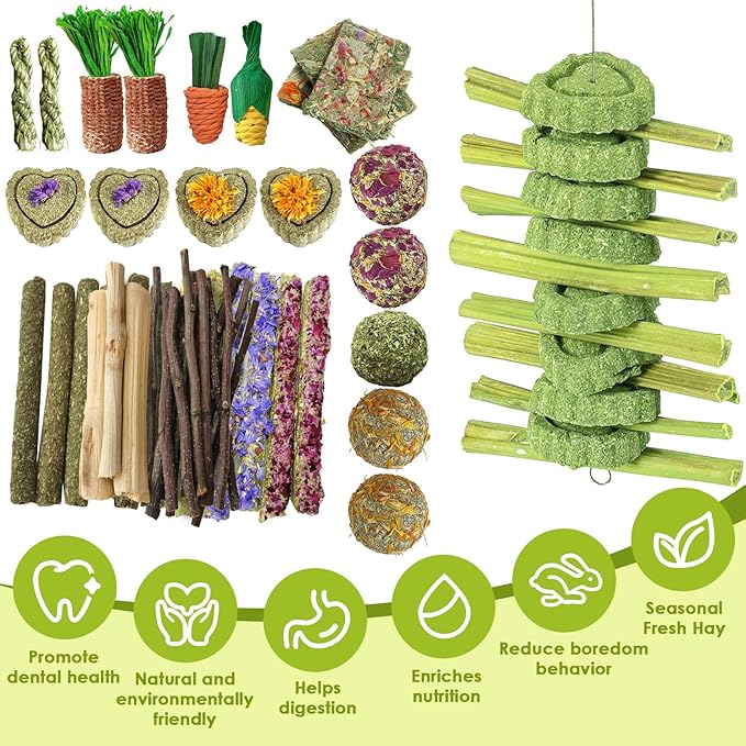 53pcs Rabbit Chew,Rabbit Enrichment Toys from Various Natural Ingredients Such as Apple Wood, Carrots, and Timothy Grass, Suitable for Small Pets Such as Hamsters Totor Guinea Pigs
