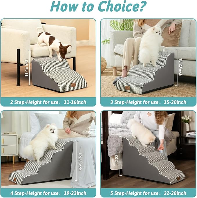 Curved Dog Stairs for Chair, Small Dogs Steps for Cat, Sofa or Couch, Pet Ramp with Leakproof Fabric Cover, Lightweight, High Density Foam, Durable, 15.7x19.7x11.8in, 2 Tiers, White Black