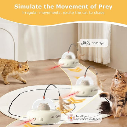 hooroor Laser Cat Toy for Indoor Cats,2 in 1 UFO-Vehicle Automatic Motion with Feather,Rechargeable Electronic Smart Sensor,Interactive Toys for Bored Cats/Kittens/Dogs,Ideal Gift (White Updated)