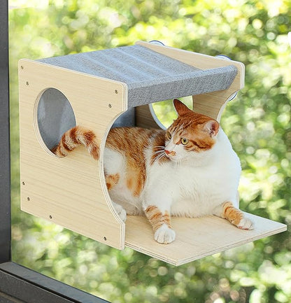 Window Cat Perch Shelves for Inside, Sturdy Wood Climbing Seat Mounted with Heavy Duty Suction Cups, Corner Window Bed for Overlooking and Sleeping(Right)