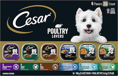 Cesar Wet Dog Food Poultry Lovers Variety Pack with Real Chicken, Turkey and Duck, 3.5 oz. Easy Peel Trays (36 Count, Pack of 1)