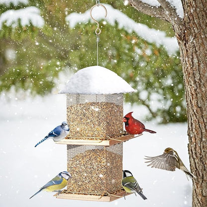 Large Bird Feeder, Double Tier Metal Bird Feeders for Outdoors, Square Tower Birdfeeder for Decorating Courtyard, Garden, Birds Watching, Gifts