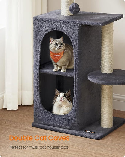 Feandrea Cat Tree Tower with 2 Caves for Multi-Cat Households, Kittens, Scratching Posts, Dark Gray UPCT005G02