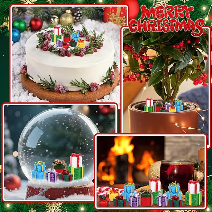 56 Pcs Christmas Mini Resin Present Miniature Boxes Tiny Gift Box Figurines Mini Christmas Ornaments for Xmas DIY Craft Tree Village Dollhouse Decor