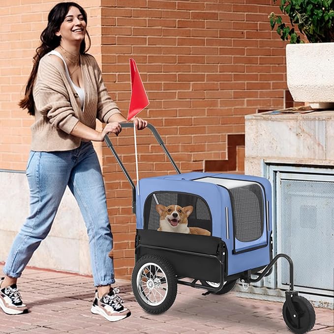 FDW Dog Stroller 2-in1 Dog Bike Trailer Pet Stroller Bicycle Carrier with Hitch Suspension Visibility Flag & Reflectors for Small Medium & Large Dogs (Blue)
