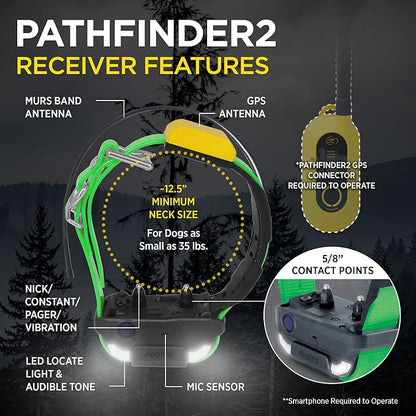 Dogtra Pathfinder 2 Additional Receiver Dog GPS Tracker e Collar Green LED Light No Monthly fees Free App Waterproof Smartwatch Control Satellite Real Time Tracking Long Range Smartphone Required