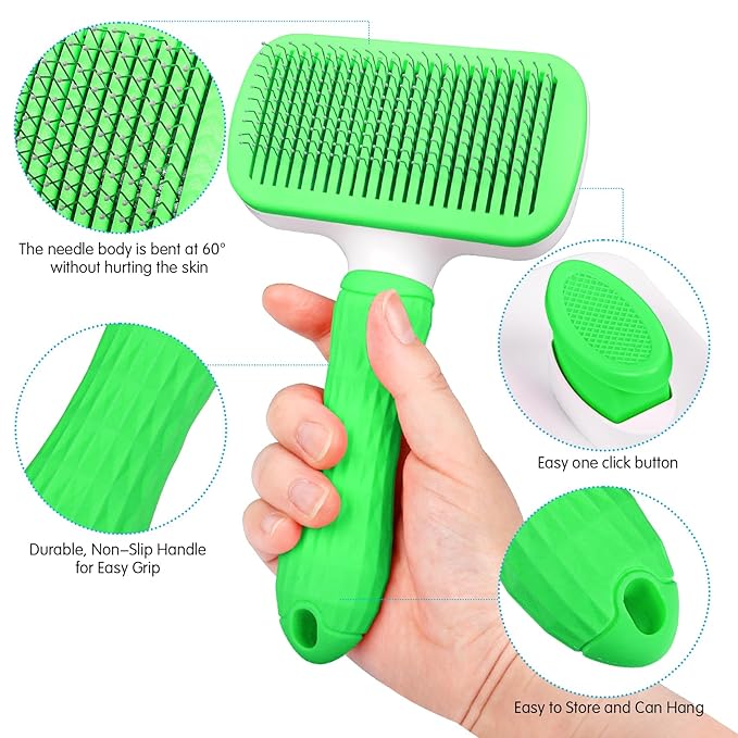 Dog & Cat Brush, Self Cleaning Slicker Brush for Pets, Upgraded Dog Brush for Shedding Massaging and Grooming, Removes Loose Undercoat & Portable Comb for Long Short Haired Dogs(Green)