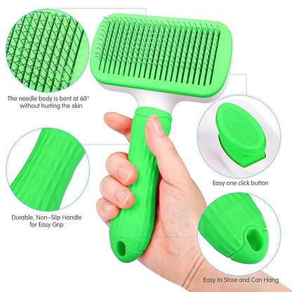 Dog & Cat Brush, Self Cleaning Slicker Brush for Pets, Upgraded Dog Brush for Shedding Massaging and Grooming, Removes Loose Undercoat & Portable Comb for Long Short Haired Dogs(Green)