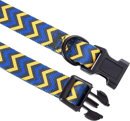 Mile High Life Dog Collar | Cute Puppy Collars | Lightweight Girl Dog Collar | Soft Boy Dog Collars | w Geometric Ocean Wavy Pattern (Blue/Yellow, Large)