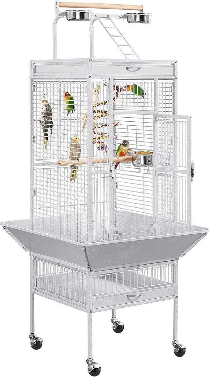 Yaheetech Wrought Iron Bird Cages, Play Top Large Aviary with Stand for Cockatiel Parrot Sun Parakeet Conures Lovebird Budgie Finch African Grey White, 61-inch