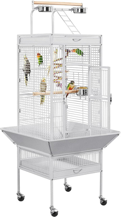 Yaheetech Wrought Iron Bird Cages, Play Top Large Aviary with Stand for Cockatiel Parrot Sun Parakeet Conures Lovebird Budgie Finch African Grey White, 61-inch