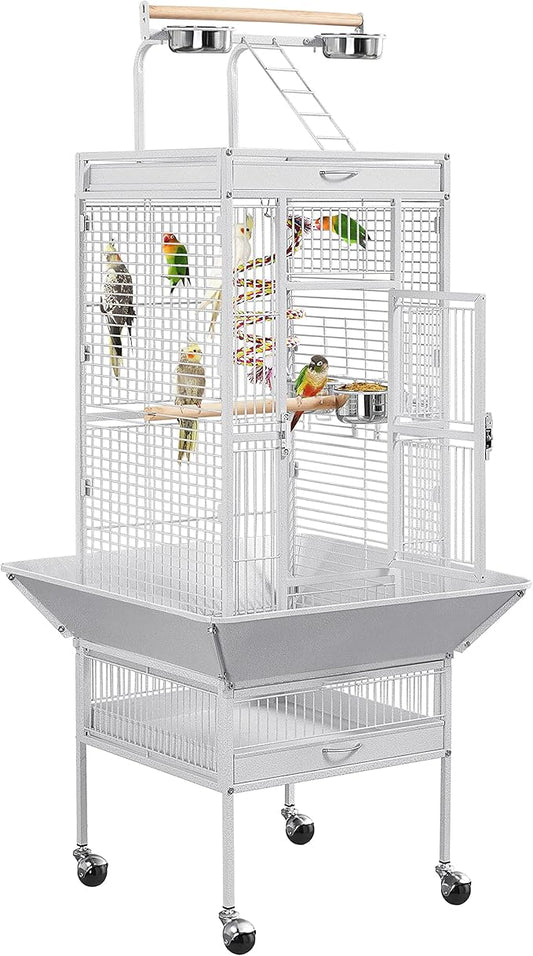 Yaheetech Wrought Iron Bird Cages, Play Top Large Aviary with Stand for Cockatiel Parrot Sun Parakeet Conures Lovebird Budgie Finch African Grey White, 61-inch