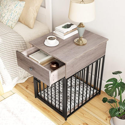 HOOBRO Dog Crate Furniture, Dog Crate Table, Decorative Dog Kennel with Drawer, Indoor Pet Crate End Table for Small Dog, Steel-Tube Dog Cage, Chew-Proof, Greige BG01GW03