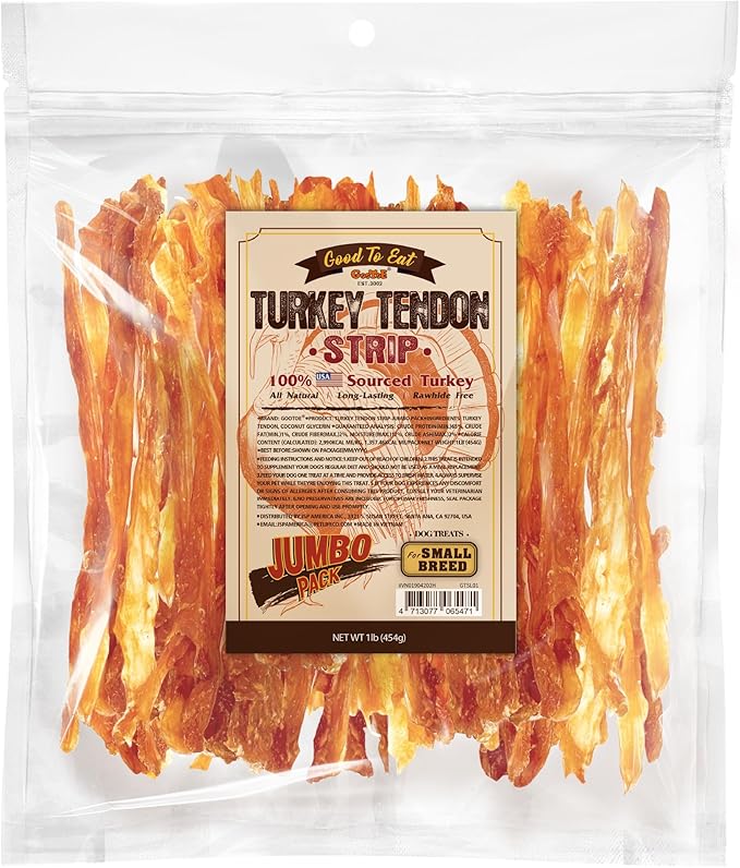 Gootoe Turkey Tendon Dog Treats, Strips 1 lb, 100% USA Sourced Turkey, Natural Snack, Premium Puppy Chews, Hypoallergenic, Rawhide Free, Reseal Value Bag, Size for Small Dogs