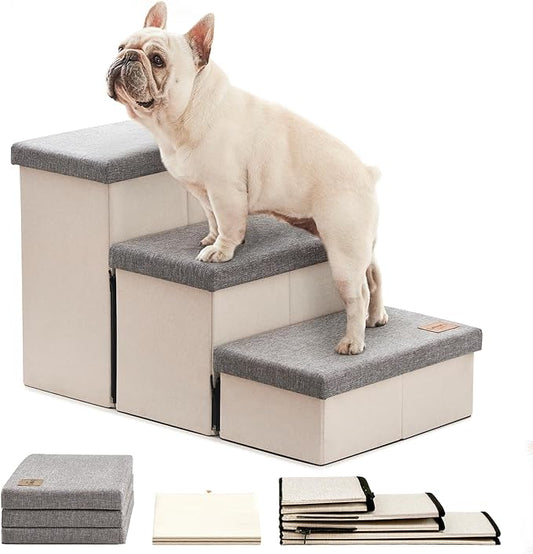 Love's cabin Dog Stairs for High Bed 18"H,Foldable Pet Stairs for Small Medium or Large Dogs Puppy with Storage for Bed or Couch, Cat Dog Steps Ramp with Zip up to 210 lbs(Light Grey,3 Steps no Condo)