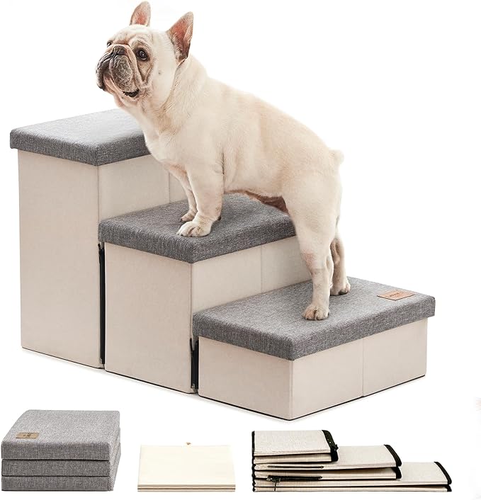 Love's cabin Dog Stairs for High Bed 18"H,Foldable Pet Stairs for Small Medium or Large Dogs Puppy with Storage for Bed or Couch, Cat Dog Steps Ramp with Zip up to 210 lbs(Light Grey,3 Steps no Condo)