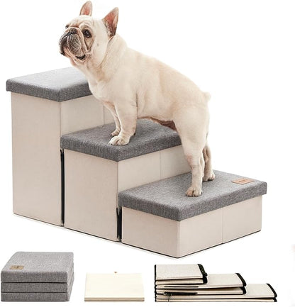 Love's cabin Dog Stairs for High Bed 18"H,Foldable Pet Stairs for Small Medium or Large Dogs Puppy with Storage for Bed or Couch, Cat Dog Steps Ramp with Zip up to 210 lbs(Light Grey,3 Steps no Condo)