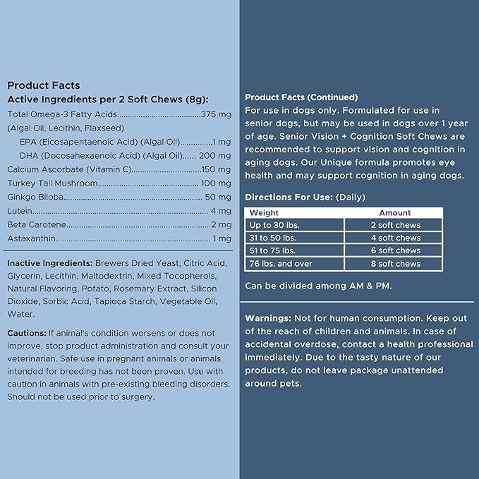 Senior Dog Vision and Cognition Chews - 60 Soft Chews for Dog Eye Care and Memory - 7-in-1 Multivitamin with Omega Fatty Acids, Vitamins, and Botanicals - Made in The USA