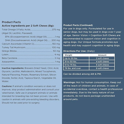 Senior Dog Vision and Cognition Chews - 60 Soft Chews for Dog Eye Care and Memory - 7-in-1 Multivitamin with Omega Fatty Acids, Vitamins, and Botanicals - Made in The USA