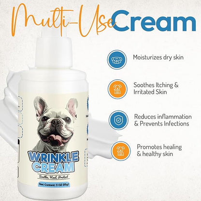 Bulldog Wrinkle Wipes & Cream Bundle - Deep Cleaning Wrinkle Wipes + Soothing Dog Wrinkle Cream - Hypoallergenic for Bulldogs, Pugs, Frenchies (100 Wipes + 85g Cream)