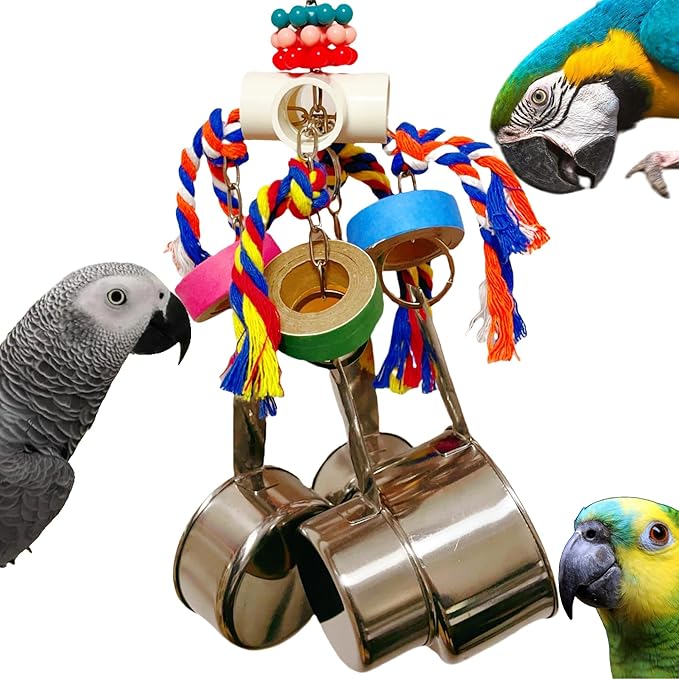 Durable Stainless Steel Pot Bagel Bird Toys for Parrots Cardboard Fatty Bagel Chewing Foraging Shredding for Medium and Large Parrot Amazons Macaws African Greys Cockatoos Eclectus Guaker Chicken