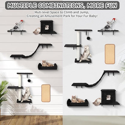 Cat Wall Shelves, 6 in 1 Cat Wall Furniture Set with Condos House, Bed, Bridge, Tree, Steps, Scratching Board, DIY Walls Playground for Indoor (Black)