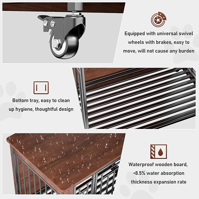 Dog Crate Furniture, 32" Dog Kennel Furniture, Small Dog Kennel Indoor, Dog Crates for Small Dogs, Wooden Dog Crate with Wheels, Tray, Feeding Window