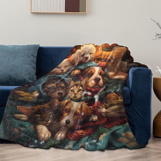 Dog and Cat Blanket, Cute Pet Flannel Blanket Gifts for Women, Soft Warm Lightweight Cat Dog Blankets for Living Room Home Sofa Travel Decor 60" x 80"