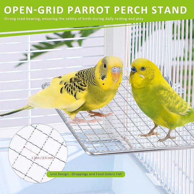 Stainless Steel Bird Perch Platform for Cage, Open-Grid Parrot Perch Stand, Easy Clean and Claw-Friendly Resting Shelf, Bird Cage Accessories for Small Medium Birds Like Parakeets, Budgie, Cockatiel